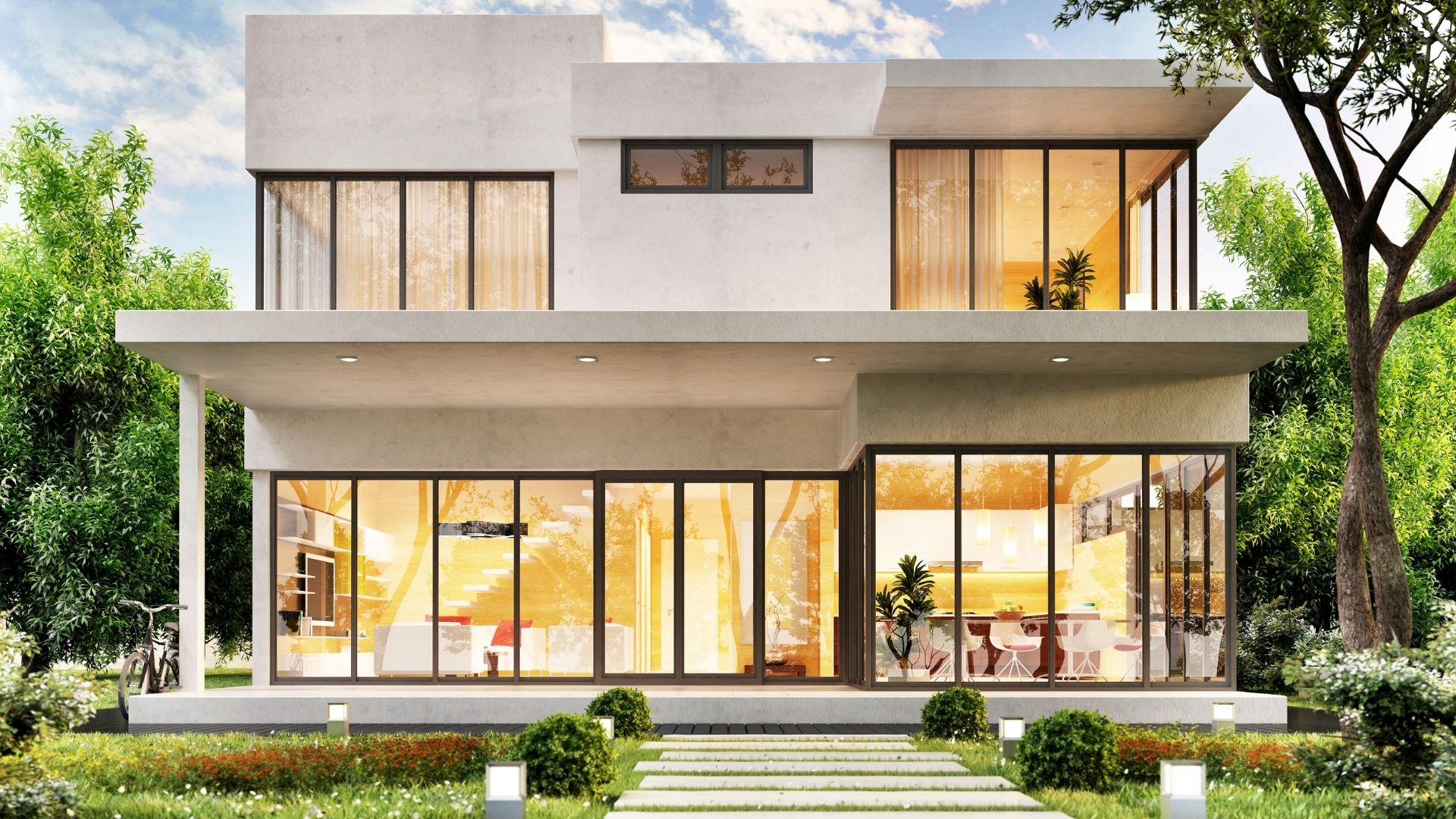 Modern house with large windows and landscaped garden