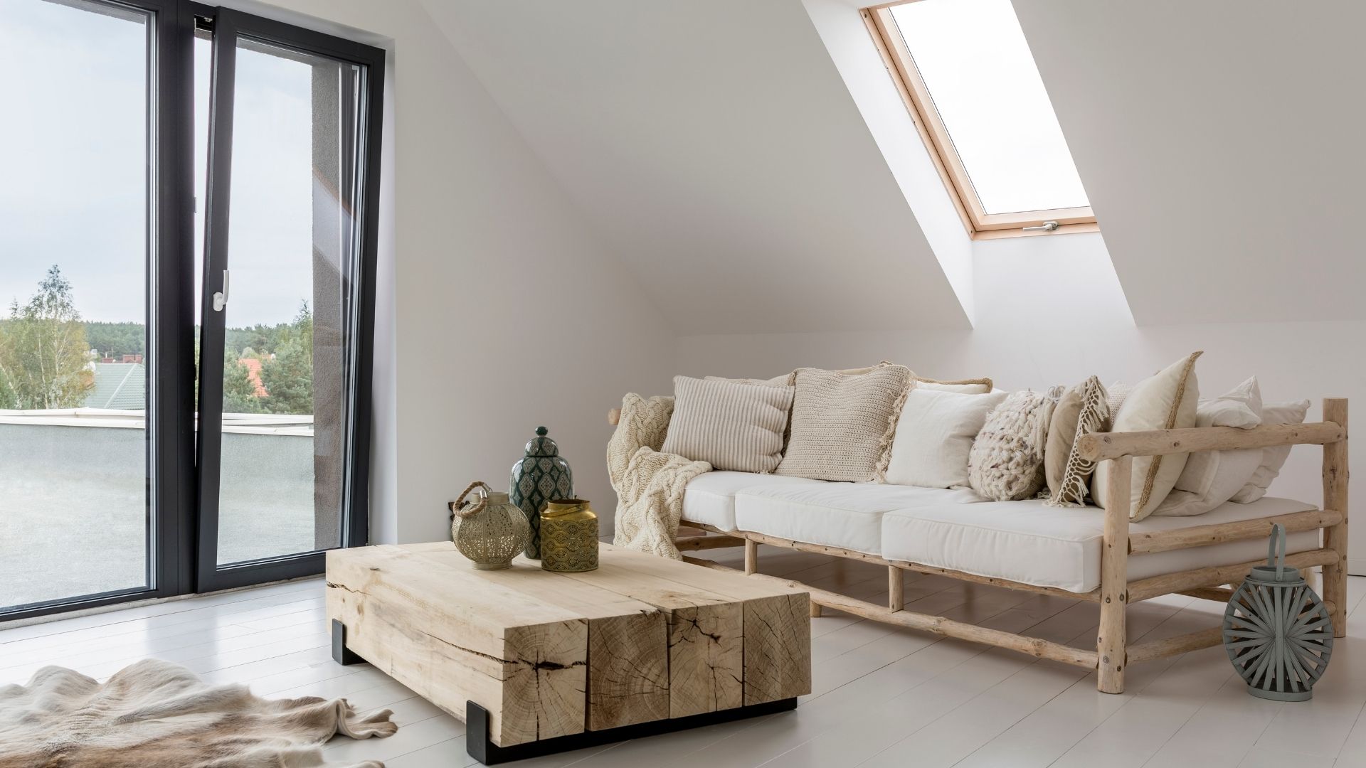 Cozy attic living room with modern rustic decor