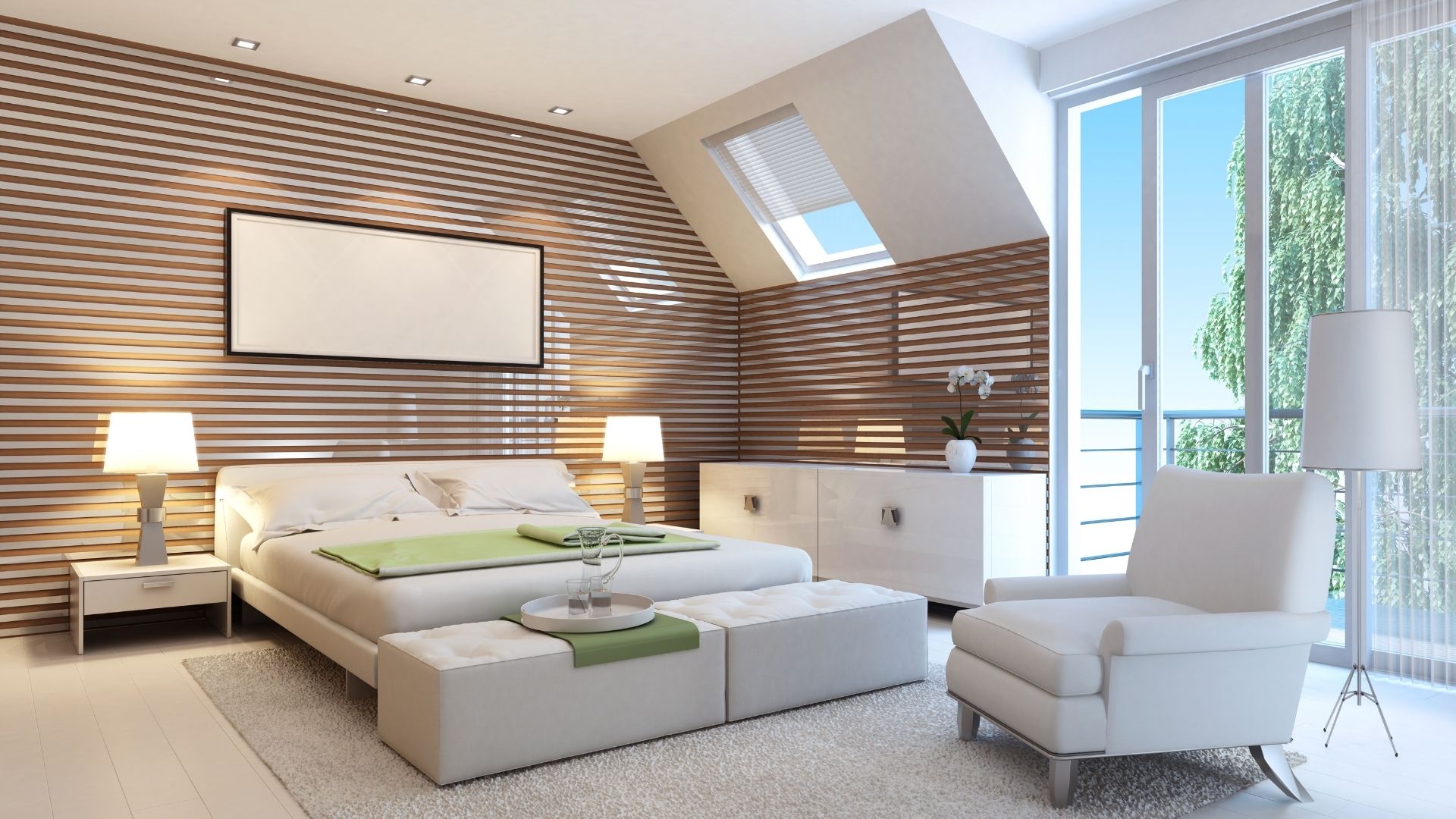 Modern bedroom design with wooden wall panels and balcony