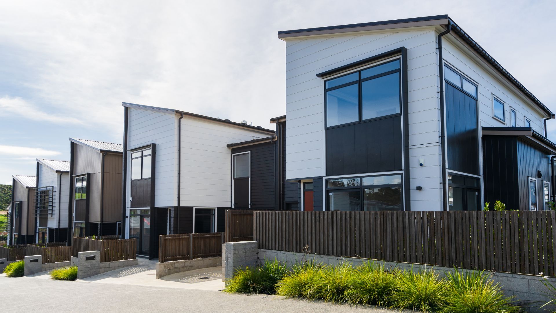 Modern residential townhouses with large windows