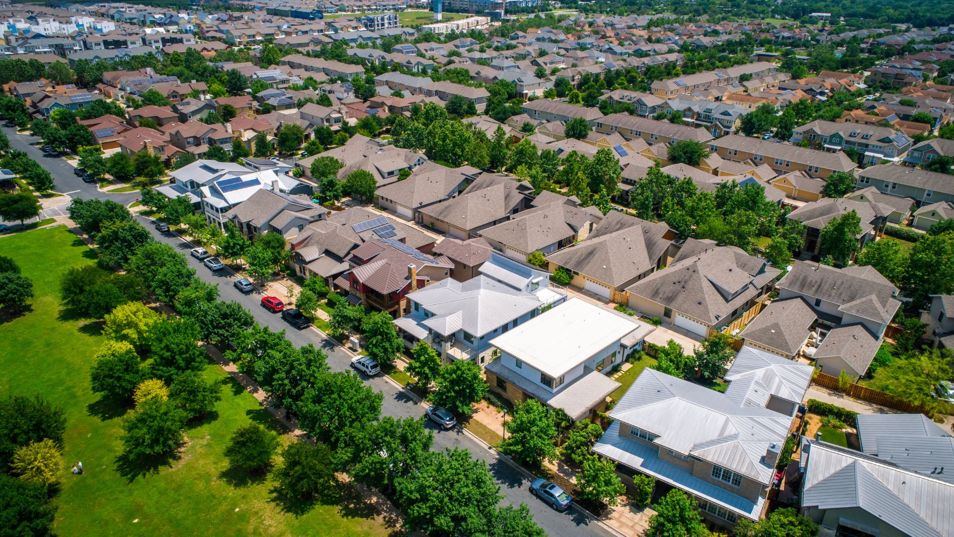 Aerial view of dense suburban neighborhood