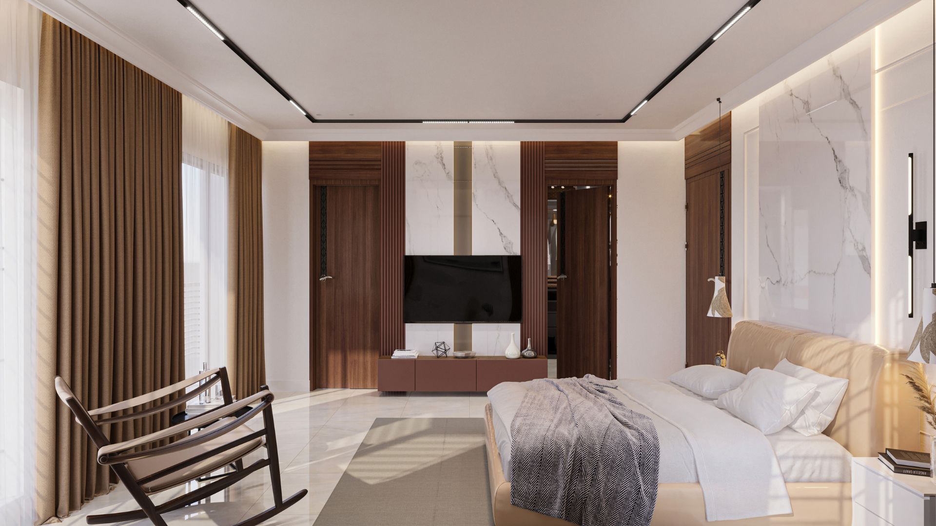 Modern luxurious bedroom with wooden elements